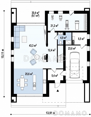 Проект современного двухэтажного дома из кирпича с тремя спальнями, спортзалом и гаражом / План 1 этажа