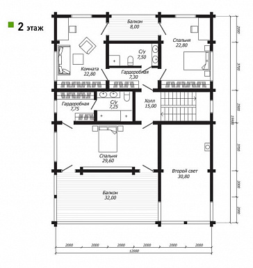 Проект двухэтажного дома из клееного бруса с роскошной террасой / План 2 этажа