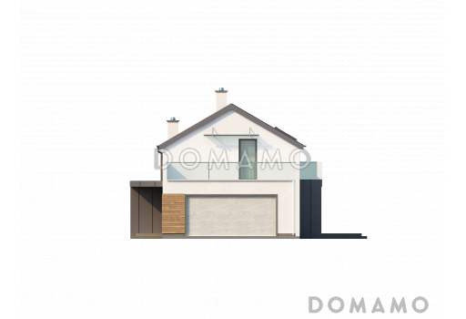 Проект двухэтажного дома из газобетона с двухскатной крышей с четырьмя комнатами, гаражом и открытой террасой над ним / Фасад 1