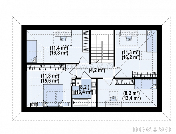Проект загородного дома с мансардой, гаражом, санузлом на первом этаже, просторной дневной зоной / План мансардного этажа