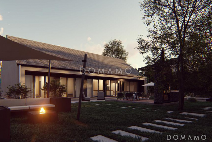 Проект одноэтажного дома с тремя спальными комнатами с общим санузлом, кабинетом, просторной дневной зоной