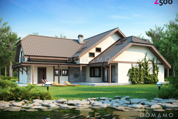 Проект просторного одноэтажного мансардного дома из кирпича с пятью комнатами, балконом и гаражом