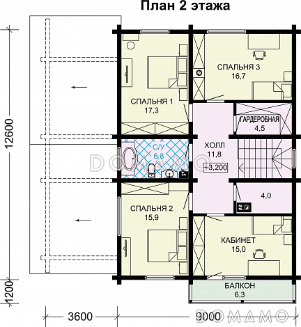 Проект деревянного дома с мансардой и навесом для машины / План мансардного этажа