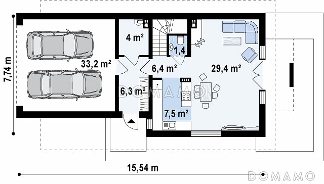 Проект одноэтажного мансардного дома из кирпича с гаражом на два автомобиля для вытянутого участка / План 1 этажа