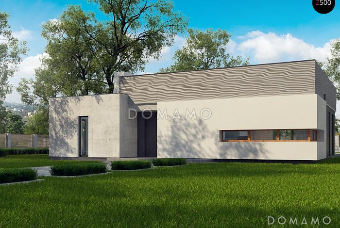 Проект современного одноэтажного дома из кирпича с плоской крышей с тремя спальнями и частично крытой террасой, без гаража