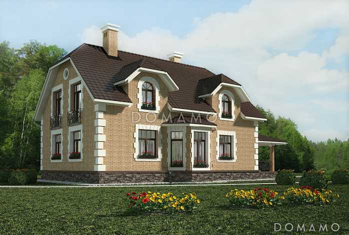 Проект коттеджа с большой террасой и французскими окнами