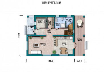 Проект двухэтажного дома с большой гостиной и террасой / План 1 этажа