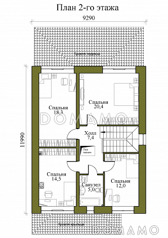 Проект двухэтажного каркасного дома с крытой террасой и четырьмя спальнями на втором этаже / План 2 этажа