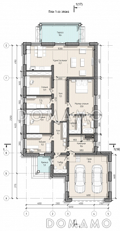 Проект одноэтажного дома с мастер-спальней, кабинетом, гаражом на 2 машины и застекленной террасой / План 1 этажа