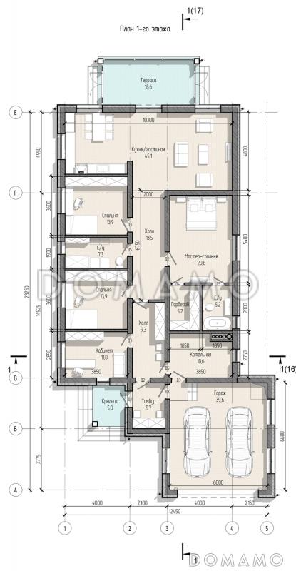 Проект одноэтажного дома с мастер-спальней, кабинетом, гаражом на 2 машины и застекленной террасой / План 1 этажа