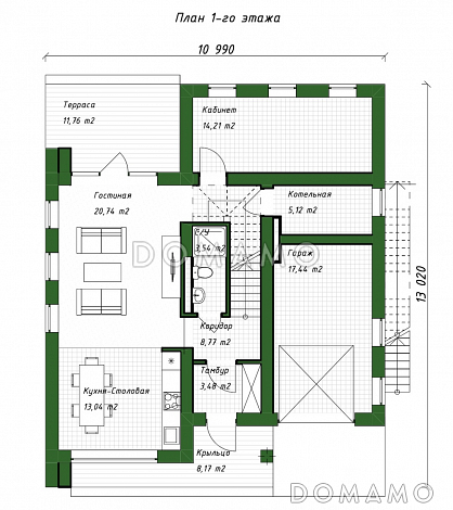 Проект двухэтажного дома из газобетона в стиле хай-тек со встроенным гаражом и открытой террасой на втором этаже / План 1 этажа
