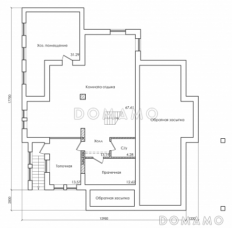 Проект особняка в трех уровнях, с комнатой отдыха на чердаке, с мастерской, гаражом и навесом под автомобиль / План цокольного этажа
