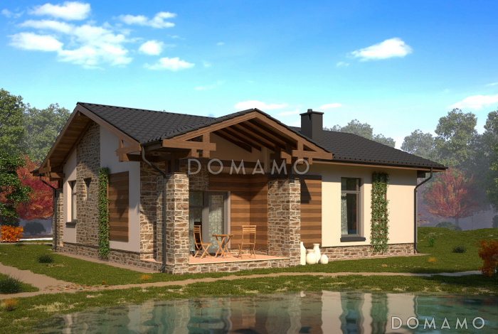 Проект небольшого одноэтажного дома из СИП панелей с гардеробной и приватной террасой