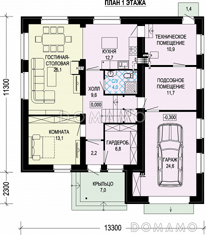 Проект двухэтажного газобетонного дома с гаражом и объединенной спальней, гардеробной и кабинетом / План 1 этажа