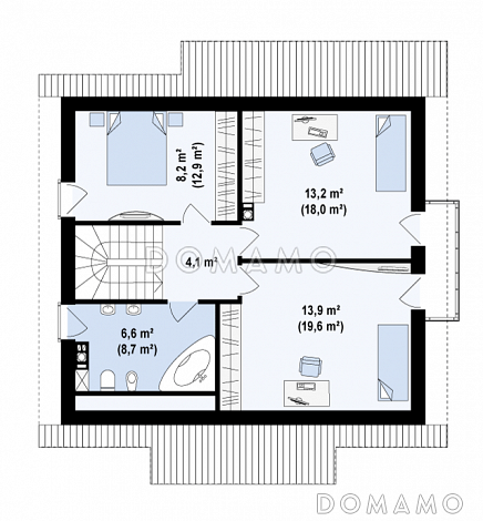 Проект одноэтажного мансардного дома из кирпича с прямоугольным эркером и балконом / План мансардного этажа
