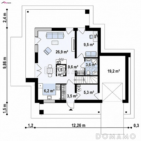 Проект современного двухэтажного дома из кирпича с плоской крышей, четырьмя комнатами, угловым остеклением гостиной и гаражом / План 1 этажа