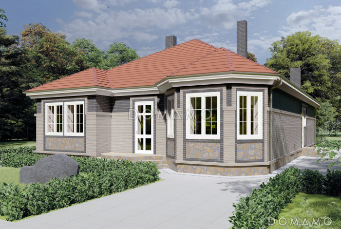 Проект одноэтажного дома с двумя эркерами и подвалом