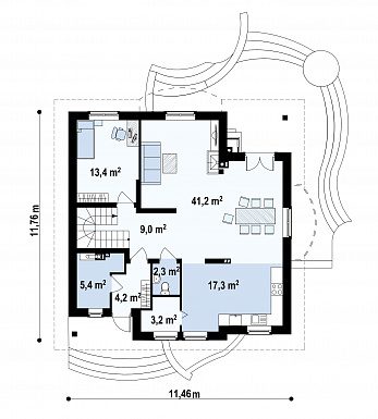 Проект одноэтажного мансардного дома из кирпича с двумя балконами и барбекю на террасе / План 1 этажа