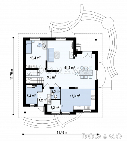 Проект одноэтажного мансардного дома из кирпича с двумя балконами и барбекю на террасе / План 1 этажа