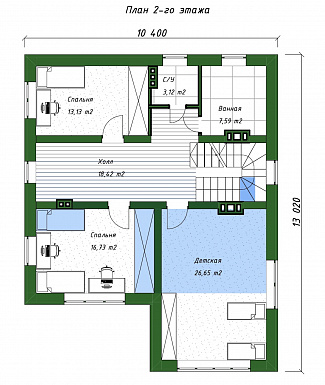 Проект двухэтажного дома с тремя спальнями наверху и одной внизу, крытой террасой и котельной / План 2 этажа