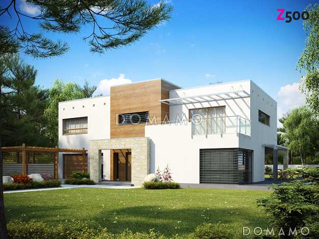 Проект современного двухэтажного дома в стиле хай-тек из газобетона с плоской крышей, гаражом и балконом