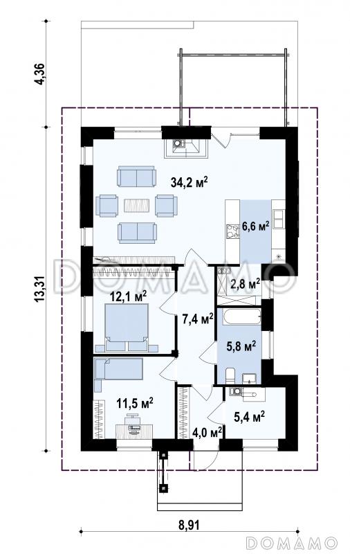 Проект простого уютного одноэтажного дома из газобетона с двумя спальнями / План 1 этажа