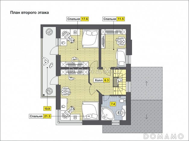 Проект уютного загородного дома с парной в цокольном этаже, навесом для машины, тремя спальнями на мансардном этаже / План мансардного этажа