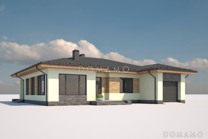 Проект одноэтажного дома из кирпича с гаражом, террасой, детскими комнатами