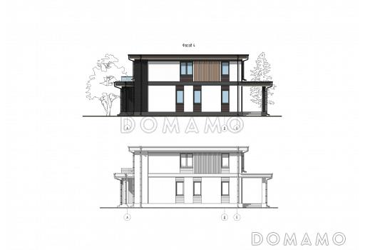 Проект дома с эксплуатируемой кровлей гаража, мастер-спальней, тремя детскими и гостевой / Фасад 4
