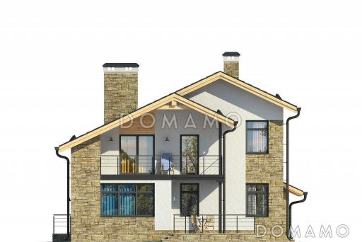 Загородный дом из СИП панелей с кухней-столовой, сауной, спальней на первом этаже, террасой / Фасад 2