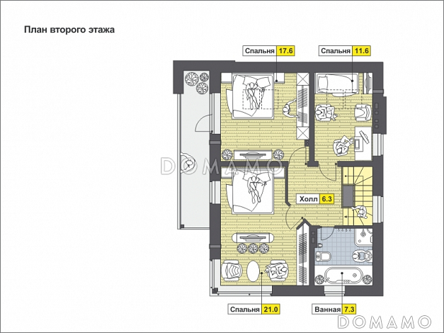 Проект частного дома с навесом для автомобиля, панорамными окнами в кузне-столовой, длинным балконом на мансардном этаже / План мансардного этажа
