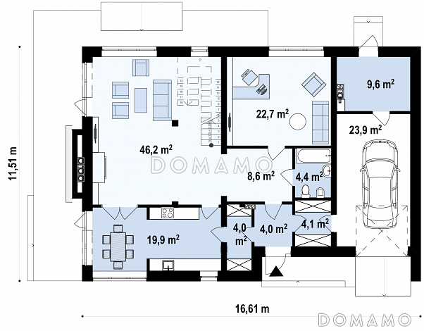 Проект современного двухэтажного дома из газобетона с плоской крышей,  с четырьмя спальнями, просторным кабинетом и гаражом  / План 1 этажа
