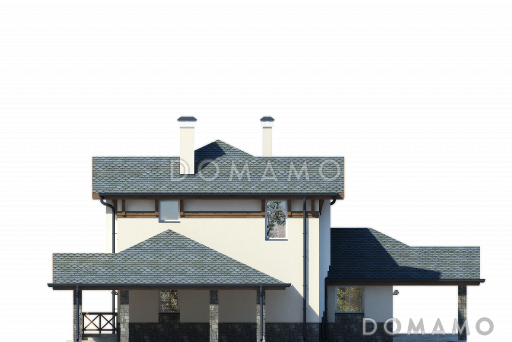 Проект загородного дома с навесом на одну машину, крытой террасой, большой гостиной, вытянутой кухней, французским балконом / Фасад 2