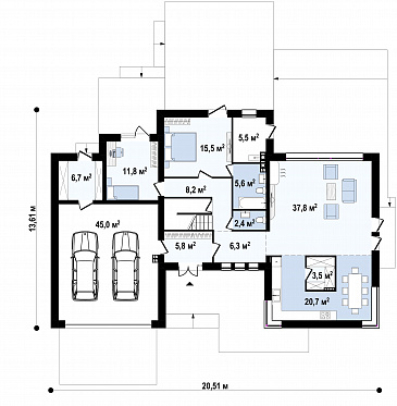 Проект загородного дома с подвалом, гаражом, кладовой в центре кухонной зоны, спальнями с санузлами на втором этаже / План 1 этажа