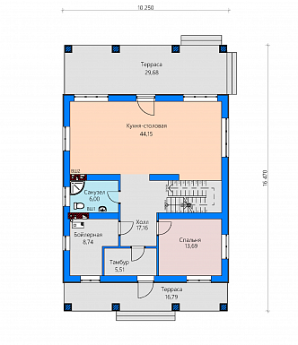 Проект дома с террасами и балконами, спальней на первом этаже, большой кухней столовой, просторным холлом / План 1 этажа