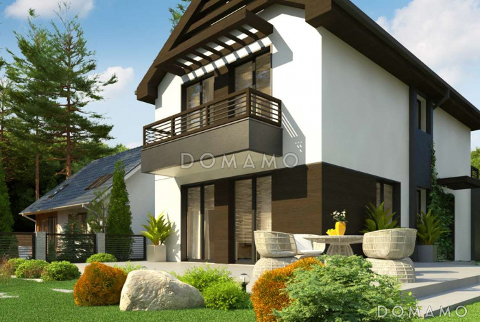 Проект компактного двухэтажного дома из газобетона современного дизайна с гаражом