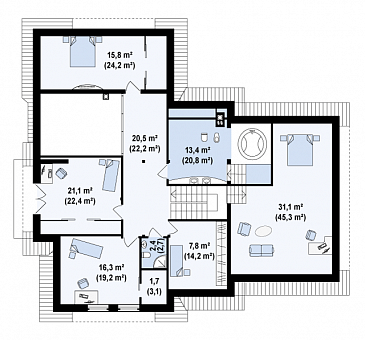 Проект просторного мансардного коттеджа из газобетона с пятью спальнями, кабинетом и гаражом / План мансардного этажа