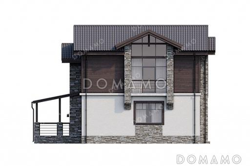 Проект дома с мансардой, светлым панорамным окном на два этажа и навесом для автомобиля / Фасад 2