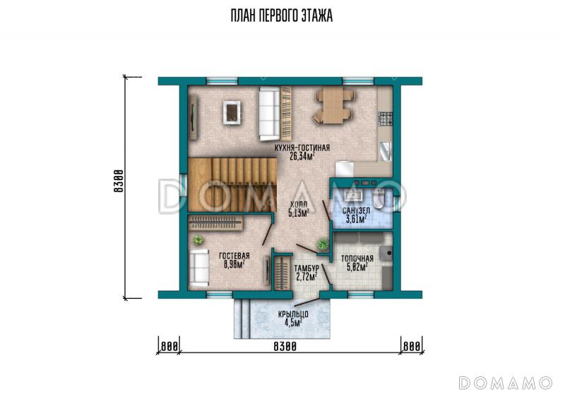 Проект коттеджа в стиле шале с 4 спальнями и нестандартными фасадами / План 1 этажа