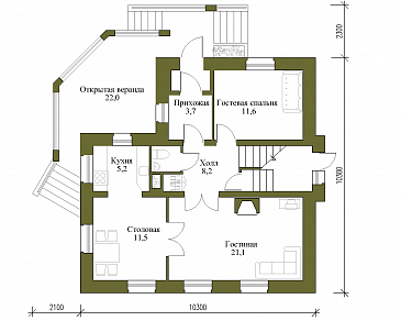 Проект коттеджа с вальмовой крышей и террасой. / План 1 этажа