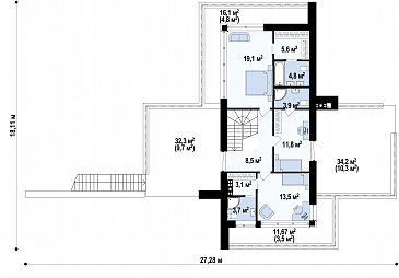Проект современного двухэтажного дома из газобетона с плоской крышей необычного дизайна, подходит для участка со склоном / План 2 этажа