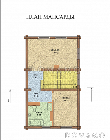 Проект компактного одноэтажного дома из оцилиндрованного бревна с мансардой / План мансардного этажа