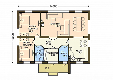 Проект одноэтажного коттеджа с коричневой облицовкой и необычной стеной крыльца / План 1 этажа