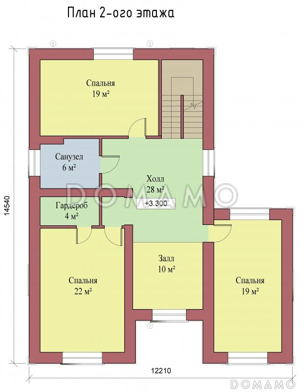 Проект двухэтажного коттеджа с цоколем, с гаражом и отдельным входом в кабинет / План 2 этажа