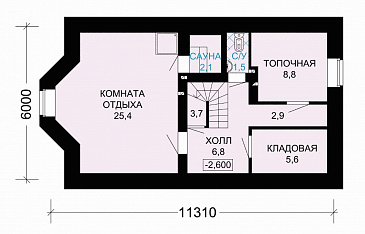 Проект кирпичного дома с полукруглым окном на мансардном этаже / План цокольного этажа