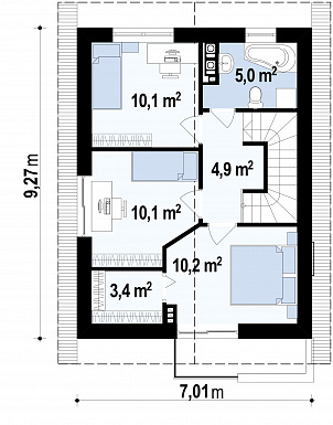 Проект небольшого двухэтажного дома из газобетона с тремя спальнями и балконом / План 2 этажа