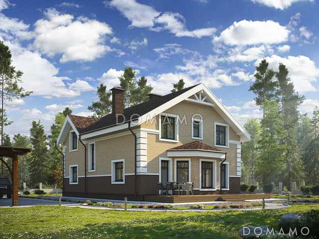 Проект загородного дома с террасой, гостиной с эркером, сауной, пятью спальнями на мансардном этаже