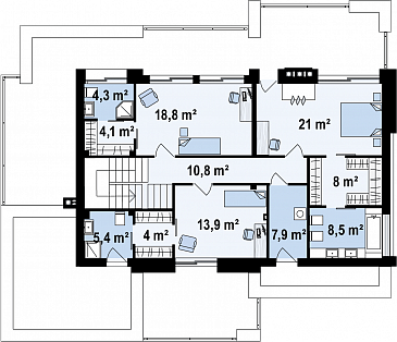 Проект современного просторного двухэтажного дома из газобетона с гаражом и просторными террасами на обоих уровнях / План 2 этажа
