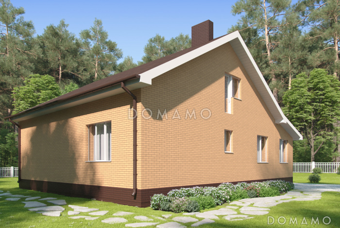 Проект загородного дома с верандой, изолированной кухней, санузлом с окном