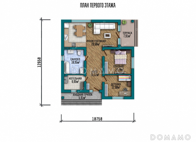 Проект одноэтажного дома с тремя спальнями и террасой / План 1 этажа